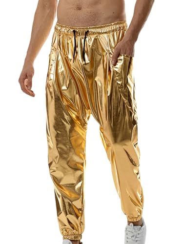 Acrawnni Herren-Jeans, metallisch, glänzend, 70er-/80er-Jahre, Party, Tanz, Disco, Nachtclub, Hose, Kordelzug an der Taille, Paillettenhose, Hip-Hop, Rave, glänzender Jogger, A-Gold, 27-32
