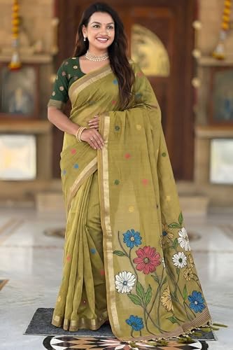 Image of SGF11 Women's Soft Cotton Linen Silk Saree With Blouse Piece