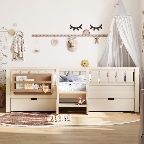 Miniatura 6 de Bellemave Cama de plataforma para niños de tamaño individual con vallas y escalera de seguridad, marco de cama individual con 2 cajones y estantería