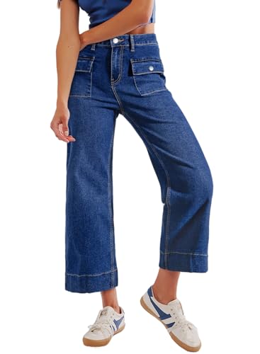 Sidefeel Women's Wide Leg Jeans High Waisted Stretchy Spring Outfit Zimbaplatinum Jeans with Patch Pockets