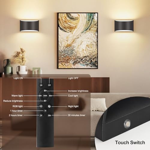 Image of TRLIFE Rechargeable Battery Operated Wall Sconces, Remote Control&Touch Control LED Wall Sconce 3000K /4000K /6000K Rechargeable Wall Lights Wall Mounted Light for Bedroom Living Room Hallway(Black,2P)