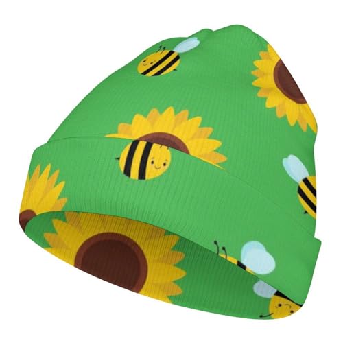 Cute Bee and Sunflower Pattern Kids Beanie Hat for for Girls Boys Children Cap Winter Knitted Chemo Cancer Headwear Accessories Gifts Decoration Black