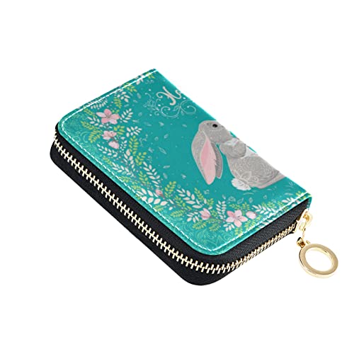 Happy Easter Two Hares, Floral Wreath, Floral Ornament on TurquoiseGrey Credit Card Coin wallet, RFID Blocking Compact Women Leather Card Holder, Key Change Organizer, Zipper Purse Clutch Pouch