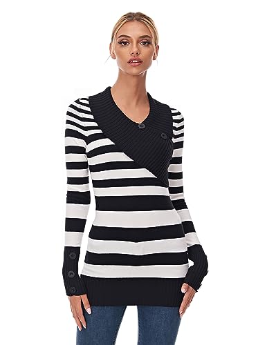 AmélieBoutik Women Asymmetric Neckline Striped Long Sleeve Tunic Sweater