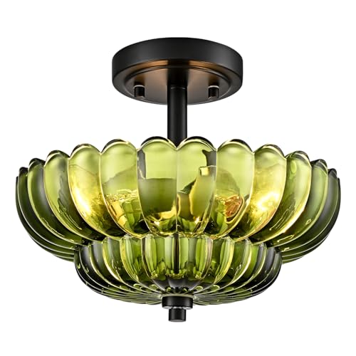 Image of Modern Green Glass Scalloped 3-Light Flush Mount Ceiling Light Black Base | Vintage Ceiling Lights, Close to Ceiling Light, Semi Flush Mount Ceiling Light for Hallway Bedroom Entryway Kitchen