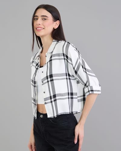 Image of Chimpaaanzee Women Checks Half Sleeve Crop Shirt
