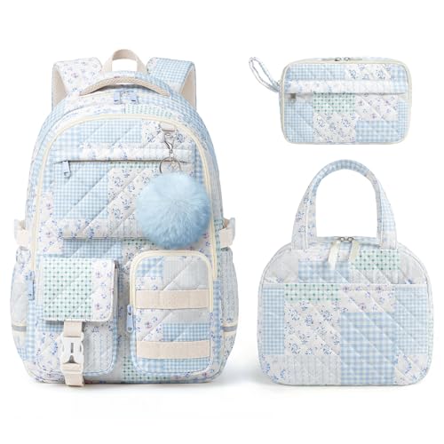 WOBAGMEN 3Pcs Quilted Backpack Set For Girls Cute Floral School Backpack with Insulated Lunch Bag & Pencil Case Aesthetic Bookbag Set For Teens College Students Back To SchoolGreen Blue Patchwork