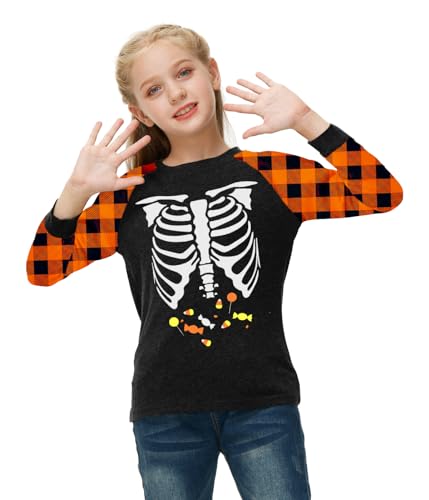 Image of Remimi Girls Thanksgiving Shirts Buffalo Plaid Raglan Tee Cute Turkey Holiday Party Long Sleeve Tshirt 5-14 Years