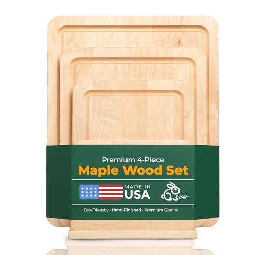 Hotot Home - 4 Piece Hardwood Maple Wood Cutting Board Set with Holder - Made in USA