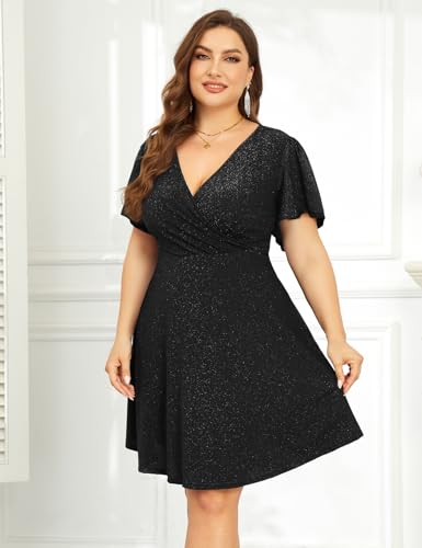 Image of ZOMVA 2025 Plus Size 0X-4X Sparkly Glitter Wrap V Neck A Line Mini Dress Sparkle Sequin Sexy Dresses Cocktail Party Club
