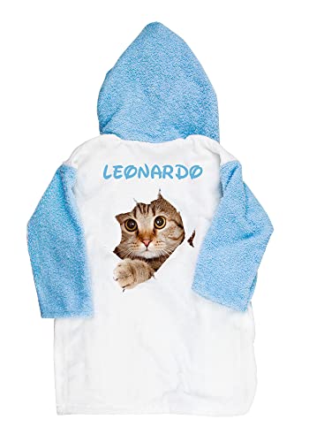 ALMATEX SRL Albornoz de rizo personalizado con nombre con capucha para niño con capucha personalizados Made in Italy (años 2/3, gato azul)