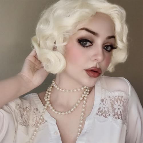 Blonde Short Curly Lace Front Wig for Women Side Part Wig Finger Wave Synthetic Heat Resistant Wigs for Cosplay Costume Daily Use