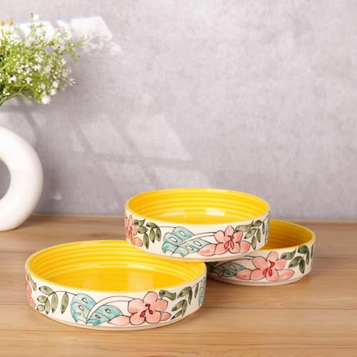 Image of Niyara Stoneware Handmade Ceramic Stylish Premium Serving Bowls /Salad Tray and Microwave Dishwasher Safe (Yellow Flower Design)