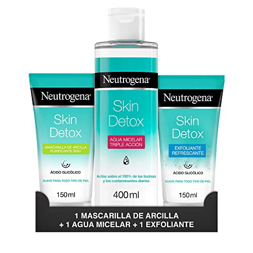 Neutrogena - Rutina Skin Detox, Gel Exfoliante Refrescante, Agua Micelar Triple Acción, Mascarilla de Arcilla Purificante 2 en 1, Ácido Glicólico, Pack de 3 unidades