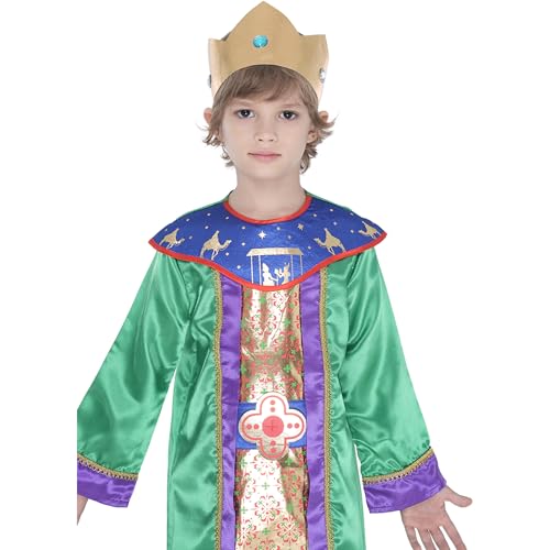 Sincere Party Christmas Nativity Wise Man Costume for Kids Xmas King Dress Up with Fabric Crown Green 3-4 years - Image 4