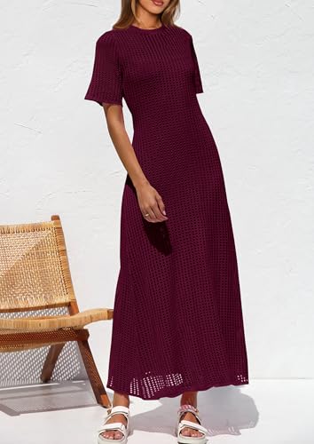 Image of PRETTYGARDEN Womens Eyelet Crochet Maxi 2 Piece Dress Sets | Knit Mesh Layered Two-Piece Dress, Short Sleeve Crew Neck Cover Up With Slip, Summer Resort Vacation Beach Hollow Out Dresses