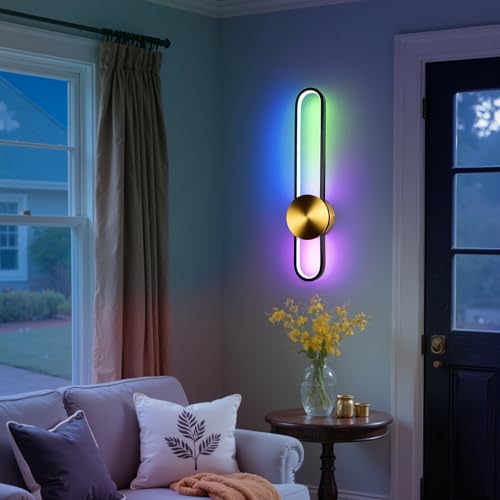 Image of JAYMP RGB Modern Wall Sconce Dimmable LED Wall Light Fixture with Remote & APP, Hardwired Wall Lamp for Living Room, Dining Room, Bedroom, Hallway, Entryway, 1 Pack (Brushed Black,RGB, H56cm /22inch)