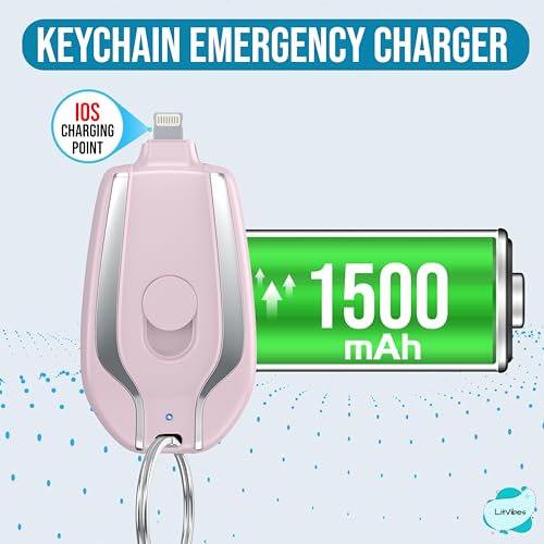 Image of Mini Keychain Emergency Charger,New Power Pod Wireless Charging Compact Portable /Travel Friendly 1500 mAh with Build in Lightning Output Pin Compatible with All iOS Devices - Pink