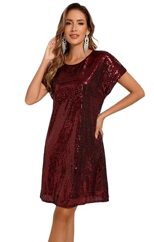 Image of Women's Crewneck Sequin Shift Dress Short Sleeve Casual Holiday Sparkly Party Dress