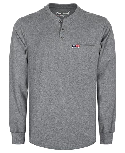 Image of BOCOMAL FR Shirts for Men Long Sleeve EX Soft Flame Resistant Henley CAT2 | NFPA2112 6oz Midweight Cotton Knit Heather Series,Moisture-Wicking /Breathable,Chest Pocket,Rib-Knit Cuffs,Summer Work T Shirt