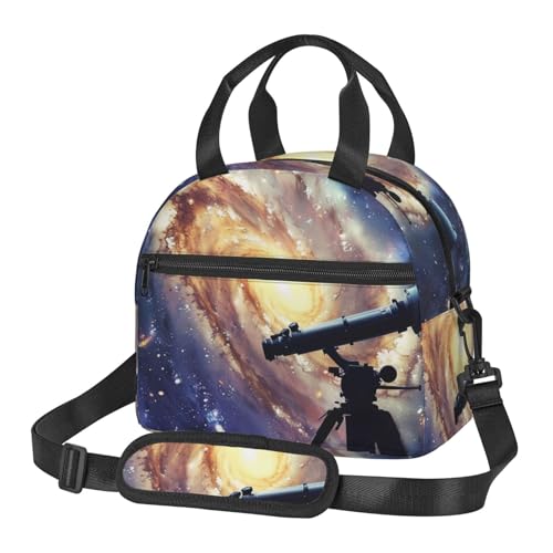 スペースギャラクシーの断熱ランチバッグ 望遠鏡プリント付き 男女兼用 再利用可能 保温クーラー ランチトートバッグ 仕事 ピクニック 旅行 ビーチ 釣り