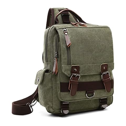 VARLIVOO Retro Sling Bag Bolsos de Hombro para Hombre Mujer Bolsos Cruzados Bandolera Bolsa de Pecho Crossbody Bolsa Senderismo Viajes Cámping Ciclismo Montañismo Lona Backpack Verde Militar A Cover
