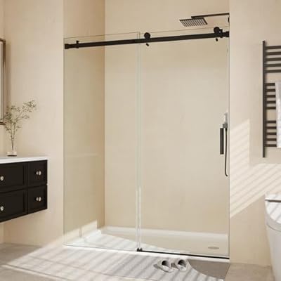 56-60" Width x 76" Height Frameless Shower Door, Sliding Glass Doors with 5/16" (8mm) Clear Tempered Glass, Black Shower Door with Stainless Steel Handle for Walk in Shower