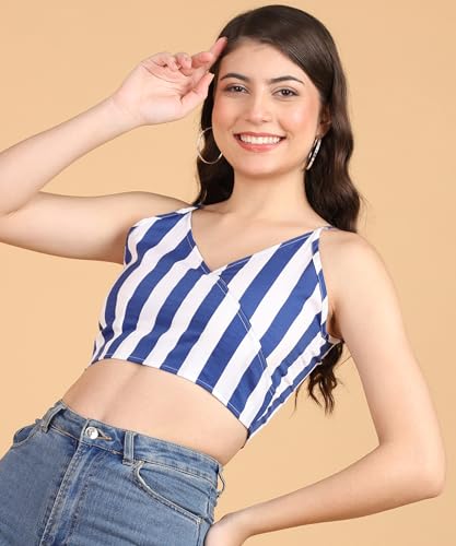 Image of POPWINGS Women Casual Blue & White Stripe Print Strap Crop Top