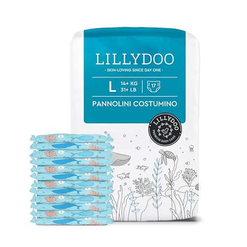 Pannolini costumino LILLYDOO monouso, delicati sulla pelle, per bambini taglia L (14+ kg), confezione da 17 pezzi, con fantasia sottomarina – pannolini per una protezione sicura in acqua