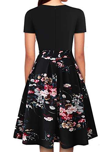 Yathon Women'S Black Floral Print Dress Vintage Round Neck Short Sleeve Stretchy Pocket Business Party A Line Church Dresses For Women Wear To Work thumb #1