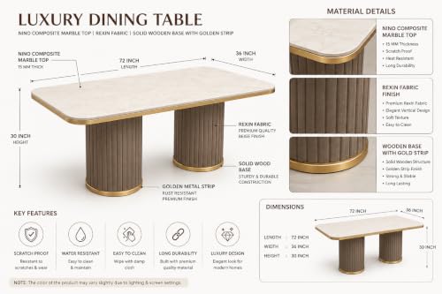 Image of 6 Seater Dining Table and Chair with Nano Composite Marble Top and Golden Strip Set | 72 x 36 x 30 Inch Solid Wood Base with Swed Fabric Finish Dining Furniture for Living Room Home (Black)