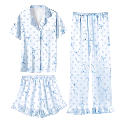 Umeyda Girls 3 Pieces Pajamas Sets Silk Satin Ruffle Sleepwear Short Sleeve Button-Down 3Pjs Nightwear, 5-14 Years