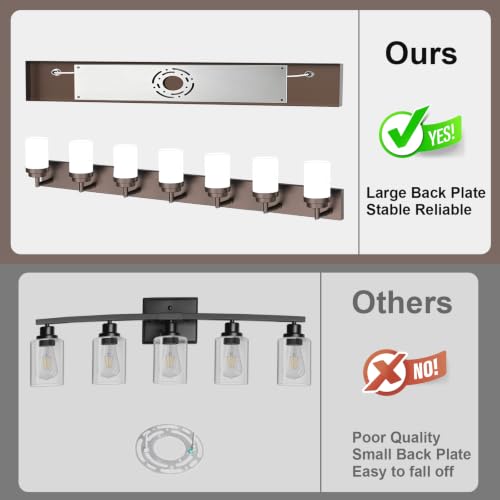 Image of Bathroom Light Fixtures, Oil Rubbed Bronze Bathroom Lighting Fixtures Over Mirror, Modern Vanity Light with White Glass Shade, Restroom Lighting Fixtures, 7-Light 54-inch