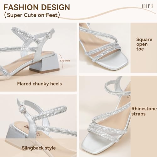 IDIFU IN2 Rhinestone Low Heels for Women Strappy Chunky Block Short Square Open Toe Heeled Sandals Wedding Bride Party Dress Shoes Comfortable Dressy Sparkly Bling Thick Heels4