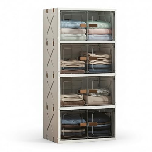 Image of House of Quirk 4 Layer Plastic Storage Box - Flip Storage Box, Foldable with 2 Door, Free Installation, Storage Wardrobe & Home Organizer (40cm, Transparent, Cream)