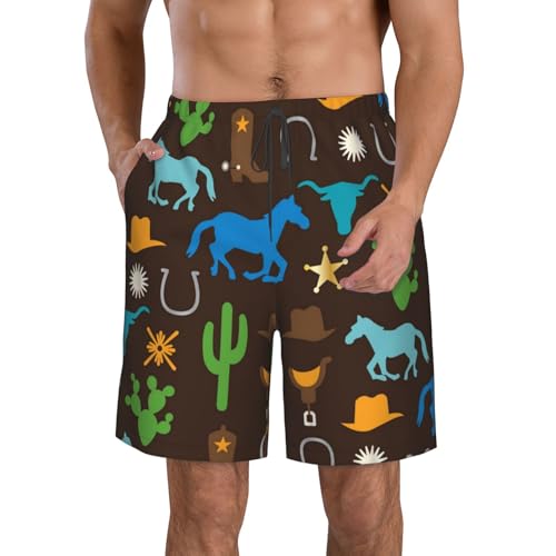 Anceky Bañador para Hombre, Pantalones Cortos de Playa, Trajes de baño, Vaquero, Oeste, Caballo, Cactus