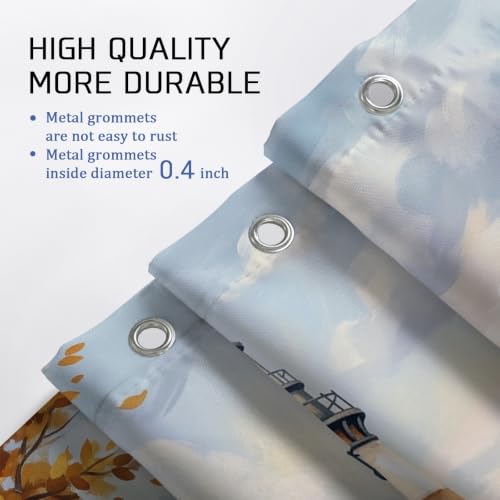 Rideau de douche imperméable et résistant motif rustique feuilles et phare