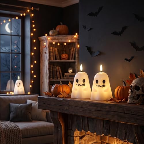 Image of GenSwin Ghost Halloween Flameless Candles Battery Operated LED with Timer | Real Wax, Halloween Decor, White, 2 Pack, 3.5 inch x 5.5 inch