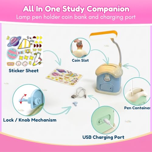 Image of Toy Imagine 3-in-1 Desk Lamp with Pen Holder & Piggy Bank - USB Rechargeable Study Lamp, Cute Design for Kids, Perfect for School Desk, Study Table & Bedroom(Multicolour)