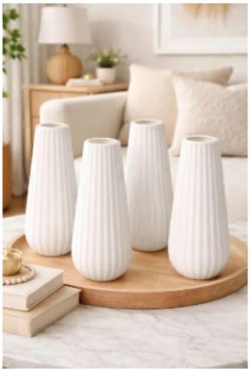 Plastic Vase, White, Ribbed Style, Set of 4, Modern Decorative Flower Vase for Home Decor-image-34