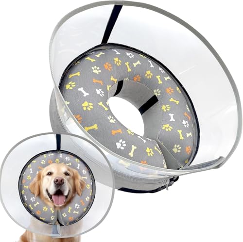 Collare gonfiabile a cono per cani, Collare di recupero per cani morbido 2 in 1 con scudo rimovibile anti-leccamento migliorato (Grigio, L)