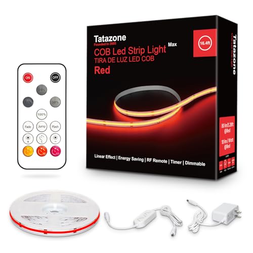Tatazone 16.4ft Red COB Led Strip Lights with RF Remote Dimmable Bright Dotless Adhesive Indoor Led COB Light Strip for Cabinet Painting Room Bed