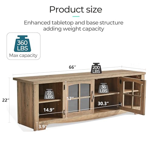 LINSY HOME TV Stand for 75 Inch TV, Modern Farmhouse Entertainment Center with Storage Cabinets and Glass Doors, Tall Media Console Table for Living Room, Bedroom, Large Long Television Stand, Brown - Image 4