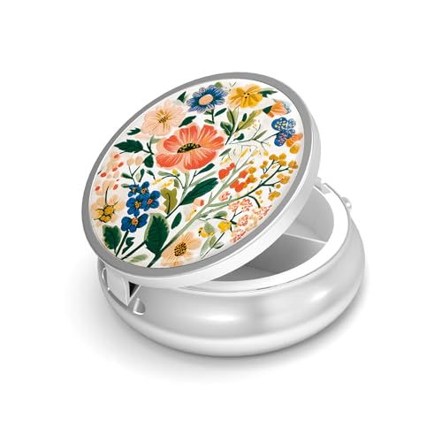 Image of Pill Box-3 Compartment Small Pill Case for Purse & Pocket Mini Metal Pill Holder Travel Pill Container to Hold Supplements Vitamins BPA-Free (Wildflowers)