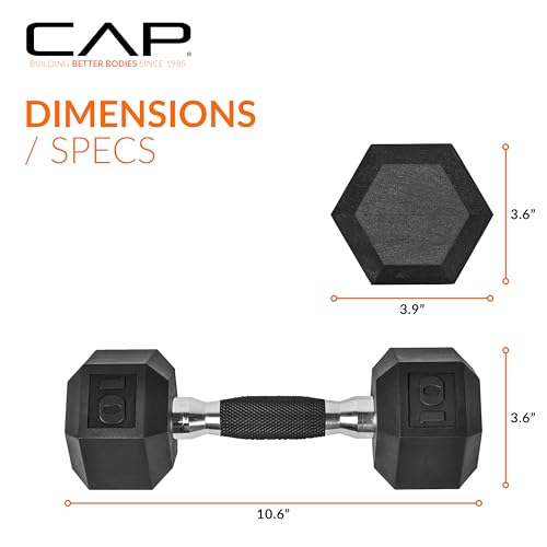 Image of CAP Rubber Coated Dumbbell Weights, Free Weights for Home Gym Strength Training, Anti-Roll Hex Dumbbells with Black, Chrome & Comfort Grip Handles, Singles