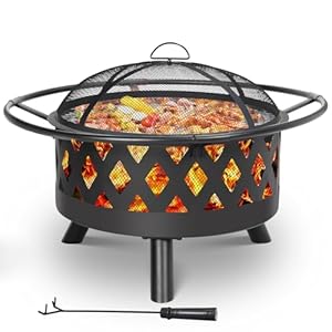 Feuerschale, Ø 76cm Feuerkorb mit Funkenschutz und Schürhaken, Feuerschalen für den Garten Groß, Feuerstelle mit Grill, BBQ Feuerstelle Outdoor, Retro-Look Fire Pit, Multifunktional Feuerkorb