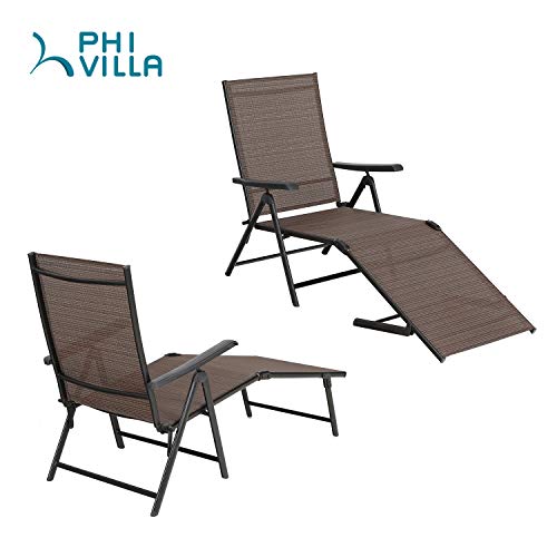 Phi Villa 5 Stages Adjustable Patio Folding Lounge Chair Metal Outdoor Sling Fabric Recliner Chaise For Beach Yard Pool, 2 Pack,Brown #TOP4
