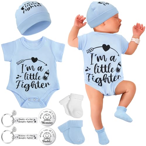 Image of Toulite NICU Preemie Baby Gift Set I'm Little Fighter Preemie Baby Hat and Bodysuit Cotton Socks with Keychain Coin
