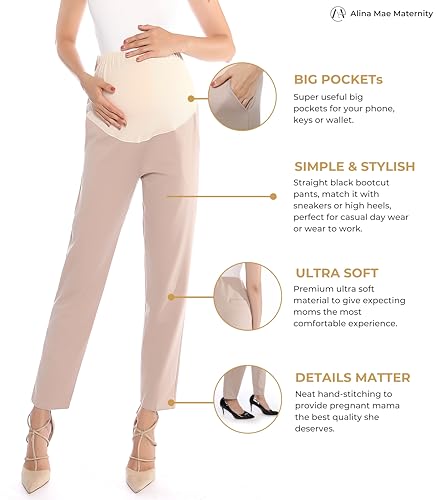 Image of Maternity Pants Work Over The Belly with Pockets, Womens Pregnancy Dress Pants Office Clothes Trousers Stretch Summer