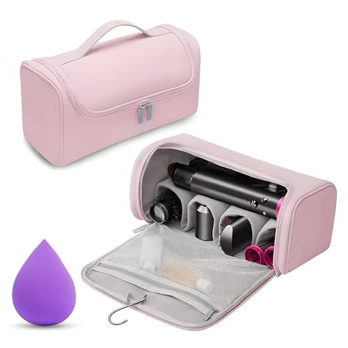 Image of OCEANEVO Travel Pouch for Airwrap Styler WITH Makeup Sponge, Storage Organiser Bag for Airwrap Attachments with Hanging Hook (Bag Only) - 31 x 14 x 16 Cm - Pink - 1 Year Warranty